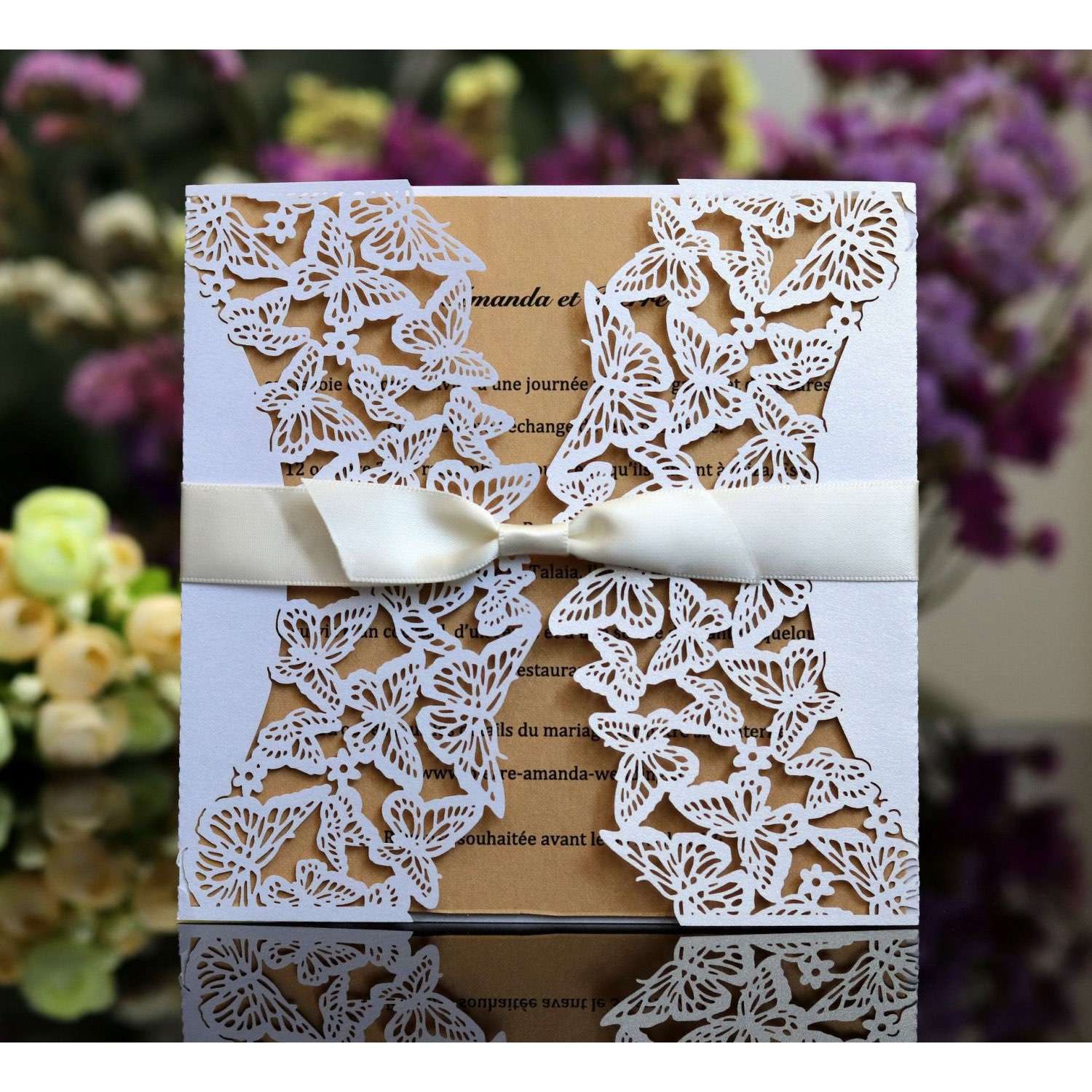 Pink Ribbon Bow Invitation Card Laser Cut Wedding Invitation Card Customization